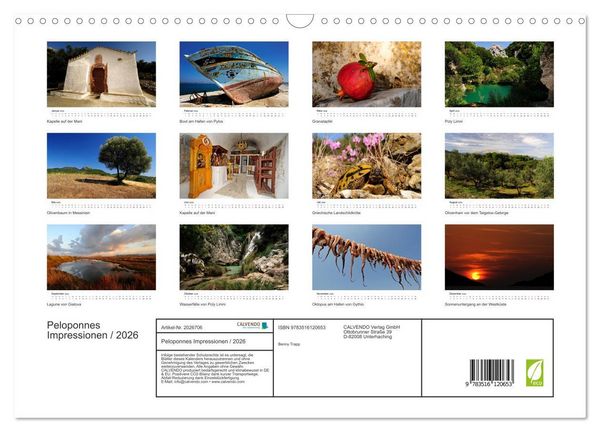 Produktbild: Peloponnes Impressionen / 2026 (Wandkalender 2026 DIN A3 quer), CALVENDO Monatskalender