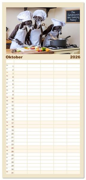 Produktbild: Familienplaner 2026 - Funny Greyhounds - Windhunde mal anders mit 5 Spalten (Wandkalender, 21 x 45 cm) CALVENDO
