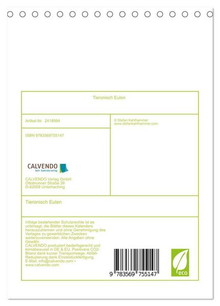 Produktbild: Tieronisch Eulen (Tischkalender 2027 DIN A5 hoch), CALVENDO Monatskalender