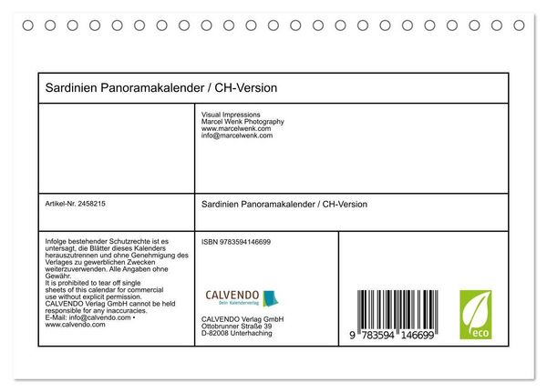 Produktbild: Sardinien Panoramakalender / CH-Version (Tischkalender 2027 DIN A5 quer), CALVENDO Monatskalender