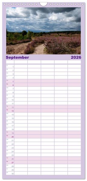 Produktbild: Familienplaner 2026 - Wanderung durch die zauberhafte L&uuml;neburger Heide mit 5 Spalten (Wandkalender, 21 x 45 cm) CALVENDO