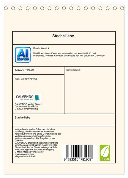 Produktbild: Stachelliebe (Tischkalender 2027 DIN A5 hoch), CALVENDO Monatskalender