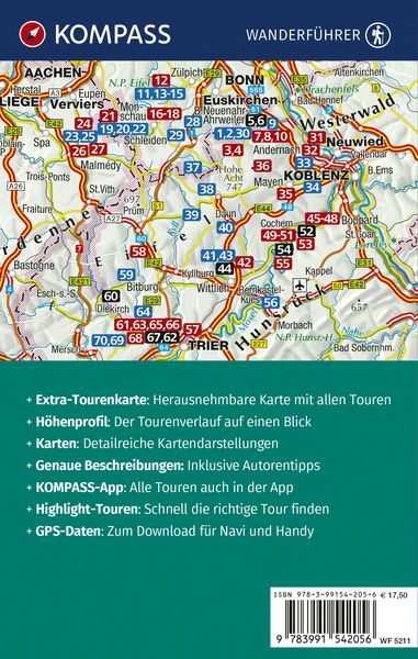 Produktbild: KOMPASS Wanderf&uuml;hrer Eifel mit Mosel, Luxemburger Schweiz und Hohem Venn, 70 Touren mit Extra-Tourenkarte
