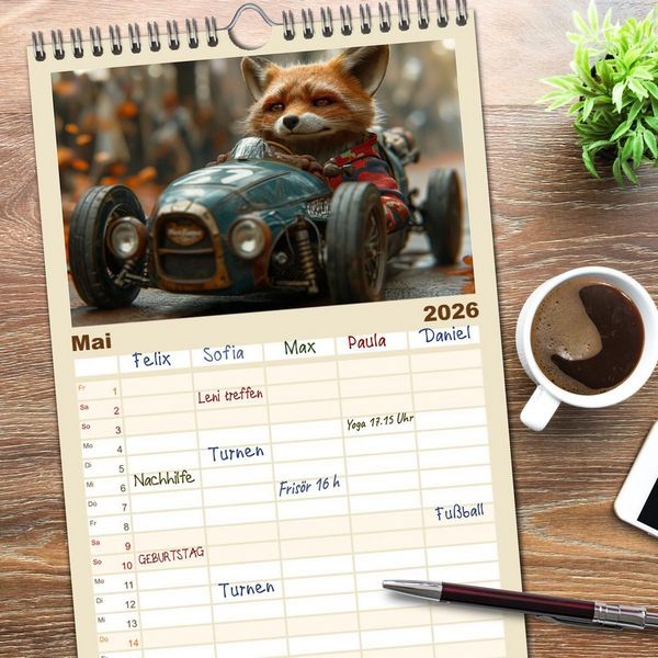 Produktbild: Familienplaner 2026 - Tierische Rennfahrer - Mit Tieren im Oldtimer durch das Jahr mit 5 Spalten (Wandkalender, 21 x 45 cm) CALVENDO