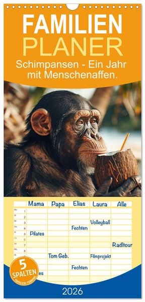 Produktbild: Familienplaner 2026 - Schimpansen - Ein Jahr mit Menschenaffen. mit 5 Spalten (Wandkalender, 21 x 45 cm) CALVENDO