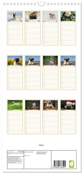 Produktbild: Familienplaner 2027 - Mops mit 5 Spalten (Wandkalender, 21 x 45 cm) CALVENDO