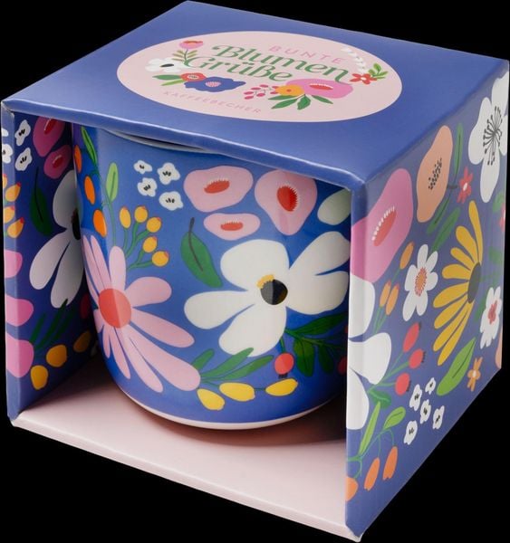Produktbild: Bunte Blumengr&uuml;&szlig;e Kaffeebecher royalblau, 350 ml