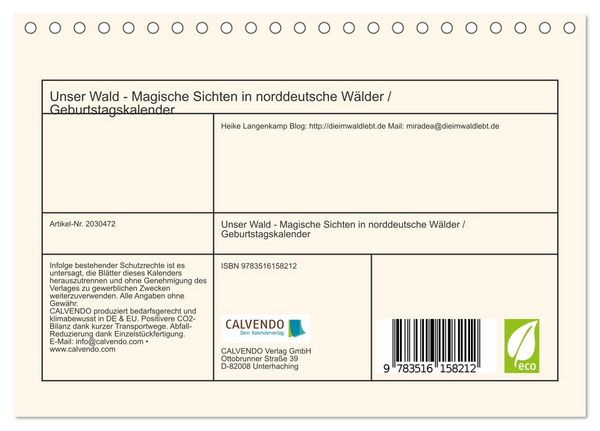 Produktbild: Unser Wald - Magische Sichten in norddeutsche W&auml;lder / Geburtstagskalender (Tischkalender 2026 DIN A5 quer), CALVENDO Monatskalender