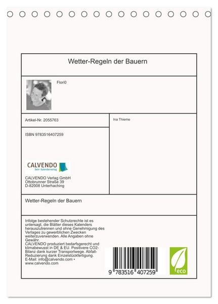 Produktbild: Wetter-Regeln der Bauern (Tischkalender 2026 DIN A5 hoch), CALVENDO Monatskalender