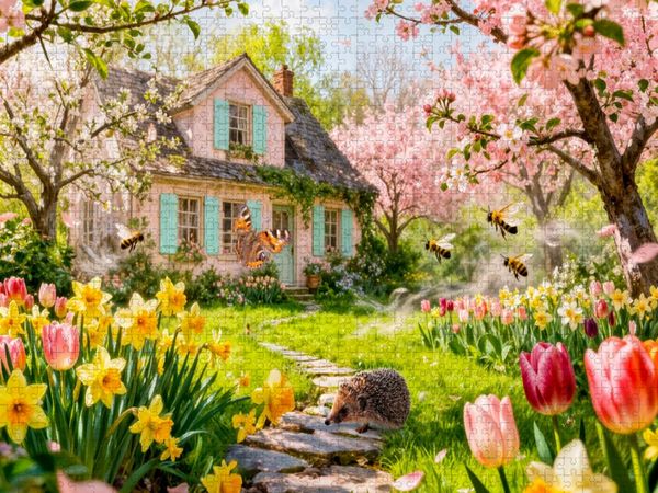 Produktbild: CALVENDO Puzzle Fr&uuml;hlings Cottage im Garten mit Igel und Bl&uuml;tenzauber | 2000 Teile Lege-Gr&ouml;&szlig;e 90x67cm Foto-Puzzle f&uuml;r gl&uuml;ckliche Stunden