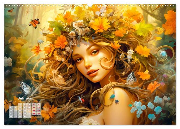 Produktbild: Bl&uuml;tenzauber - Farbenfrohe Illustrationen der G&ouml;ttin Flora (Wandkalender 2026 DIN A2 quer), CALVENDO Monatskalender