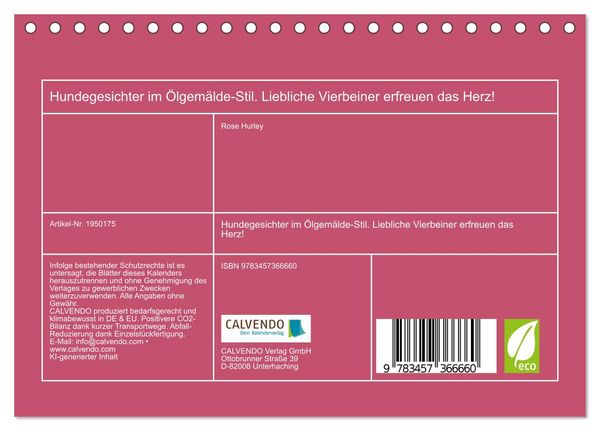 Produktbild: Hundegesichter im &Ouml;lgem&auml;lde-Stil. Liebliche Vierbeiner erfreuen das Herz! (Tischkalender 2026 DIN A5 quer), CALVENDO Monatskalender
