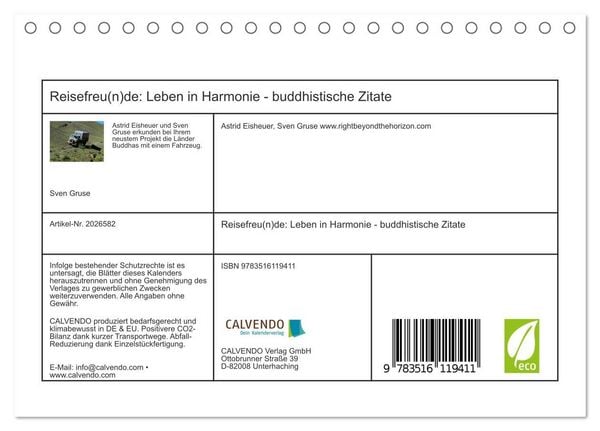 Produktbild: Reisefreu(n)de: Leben in Harmonie - buddhistische Zitate (Tischkalender 2026 DIN A5 quer), CALVENDO Monatskalender