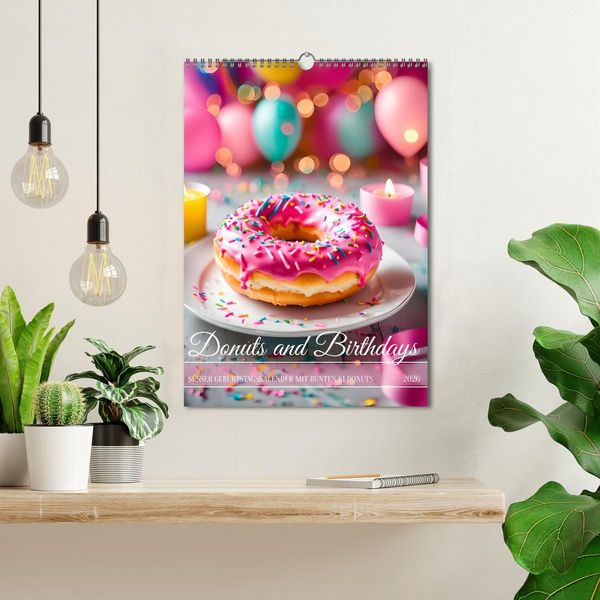 Produktbild: Donuts and Birthdays, s&uuml;&szlig;er Geburtstagskalender mit bunte KI Donuts (Wandkalender 2026 DIN A3 hoch), CALVENDO Monatskalender