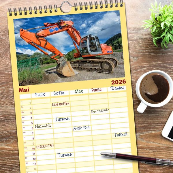 Produktbild: Familienplaner 2026 - Baumaschinen - Maschinen auf der Baustelle mit 5 Spalten (Wandkalender, 21 x 45 cm) CALVENDO