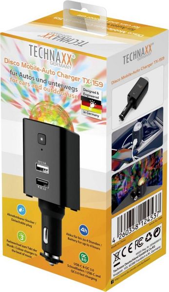 Produktbild: Technaxx Disco Mobile-Auto Charger TX-159 Belastbarkeit Strom max.=2.1 A 12/24 V, 5 V &uuml;ber USB