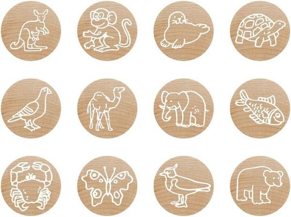 Produktbild: COLOP Woodies Holzstempel Set Exotische Tiere, mit 12 Motiven, Abdruckgr&ouml;&szlig;e: &Oslash; 29 mm, eckig