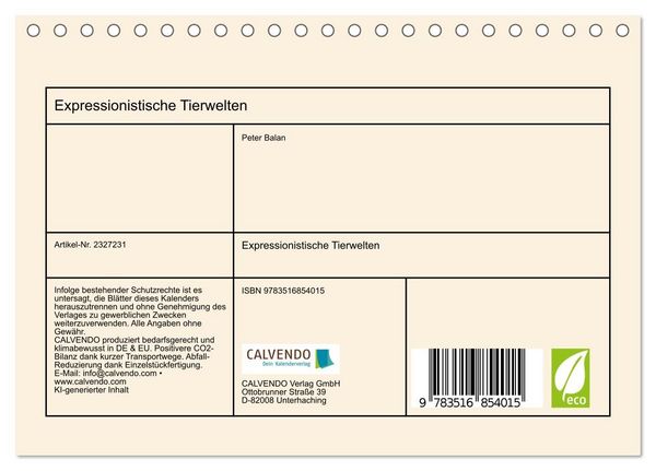 Produktbild: Expressionistische Tierwelten (Tischkalender 2027 DIN A5 quer), CALVENDO Monatskalender