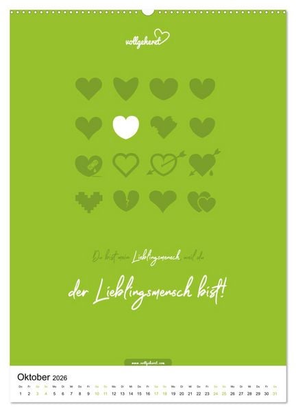 Produktbild: vollgeherzt: Lieblingsmensch-Kalender - Der Wandkalender als Geschenk f&uuml;r ganz besondere Menschen (hochwertiger Premium Wandkalender 2026 DIN A2 hoch), Kunstdruck in Hochglanz