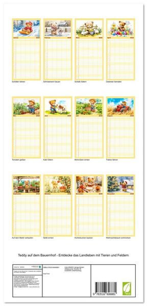 Produktbild: Familienplaner 2026 - Teddy auf dem Bauernhof - Entdecke das Landleben mit Tieren und Feldern mit 5 Spalten (Wandkalender, 21 x 45 cm) CALVENDO
