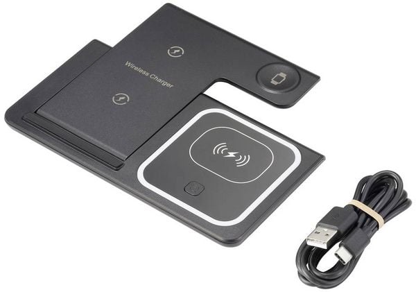 Produktbild: Renkforce Induktions-Ladeger&auml;t 15 W RF-QiWC3in1-01 RF-5780662 Ausg&auml;nge Magnetanschluss Schwarz