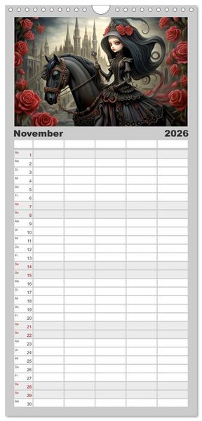 Produktbild: Familienplaner 2026 - Little Gothic Queens. Surrealistische Illustrationen mit 5 Spalten (Wandkalender, 21 x 45 cm) CALVENDO