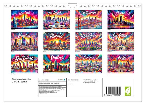 Produktbild: Stadtansichten der USA in Tusche (Wandkalender 2026 DIN A4 quer), CALVENDO Monatskalender