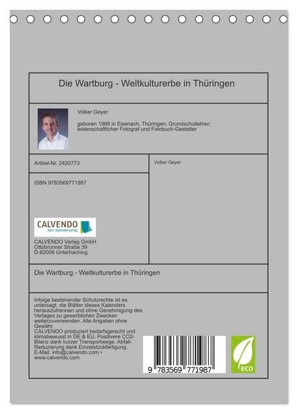 Produktbild: Die Wartburg - Weltkulturerbe in Th&uuml;ringen (Tischkalender 2027 DIN A5 hoch), CALVENDO Monatskalender