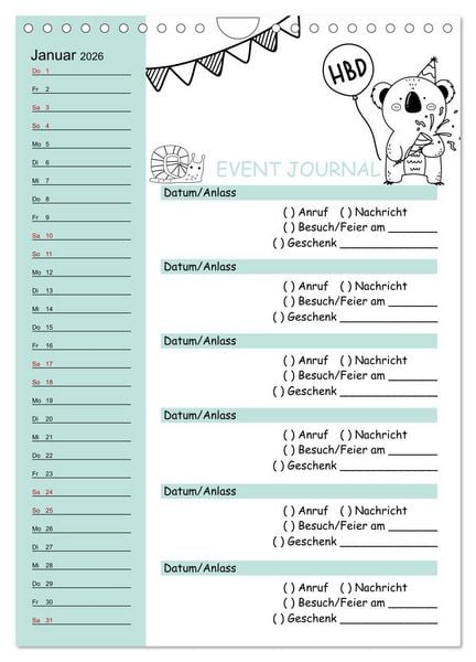 Produktbild: Geburtstagsplaner Doodle Tiere - F&uuml;r Termine, Geschenke, Eventdetails & mehr (Wandkalender 2026 DIN A4 hoch), CALVENDO Monatskalender