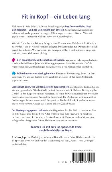 Produktbild: Masterplan gegen Alzheimer. Fit im Kopf - ein Leben lang. Wie Sie fr&uuml;hzeitig Ihr Demenz-Risiko halbieren, Ihr Gehirn regenerieren und geistig fit bleiben. Spiegel-Bestsellerautor