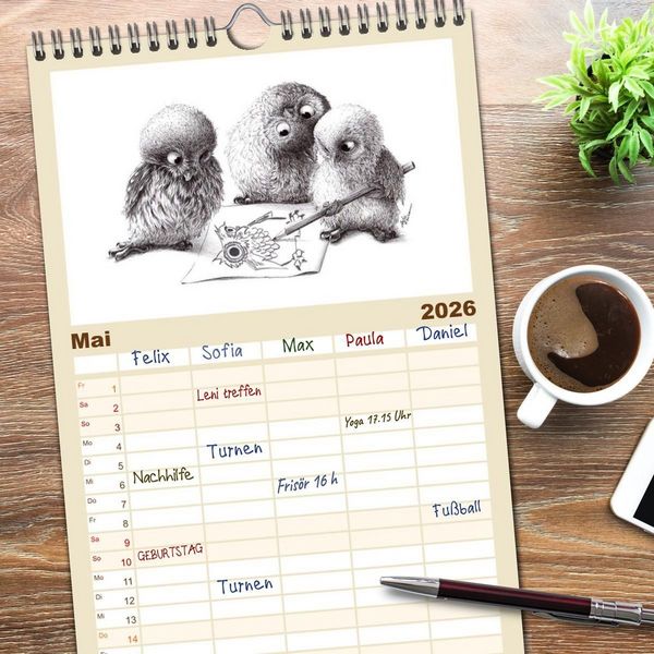 Produktbild: Familienplaner 2026 - owls & friends 2026 mit 5 Spalten (Wandkalender, 21 x 45 cm) CALVENDO