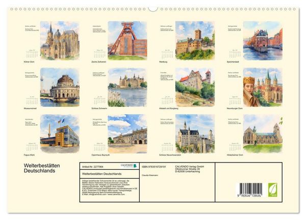 Produktbild: Welterbest&auml;tten Deutschlands (hochwertiger Premium Wandkalender 2026 DIN A2 quer), Kunstdruck in Hochglanz