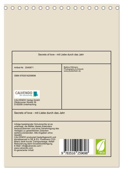 Produktbild: Secrets of love - mit Liebe durch das Jahr (Tischkalender 2026 DIN A5 hoch), CALVENDO Monatskalender