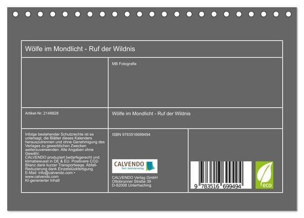 Produktbild: W&ouml;lfe im Mondlicht - Ruf der Wildnis (Tischkalender 2026 DIN A5 quer), CALVENDO Monatskalender