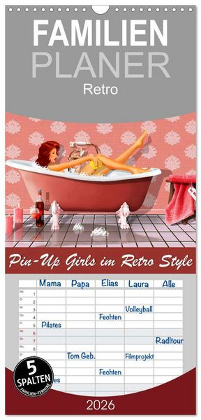 Familienplaner 2026 - Pin-Up Girls im Retro Style by Mausopardia mit 5 Spalten (Wandkalender, 21 x 45 cm) CALVENDO