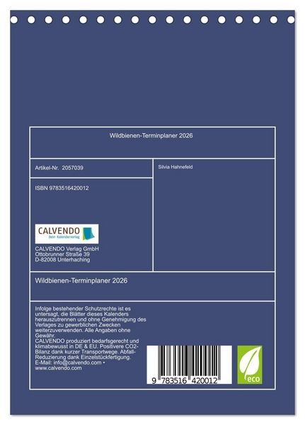 Produktbild: Wildbienen-Terminplaner 2026 (Tischkalender 2026 DIN A5 hoch), CALVENDO Monatskalender
