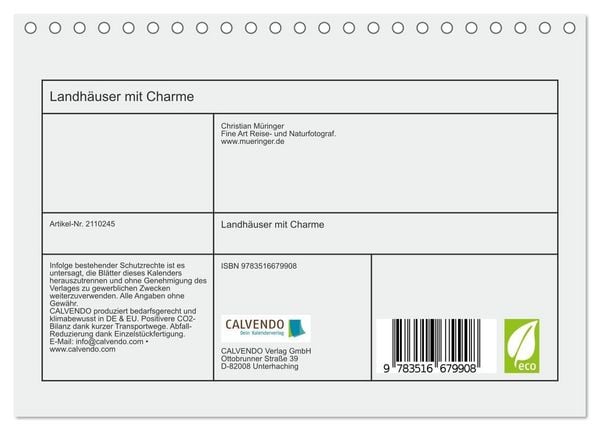 Produktbild: Landh&auml;user mit Charme (Tischkalender 2026 DIN A5 quer), CALVENDO Monatskalender