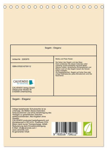 Produktbild: Segeln - Eleganz (Tischkalender 2027 DIN A5 hoch), CALVENDO Monatskalender