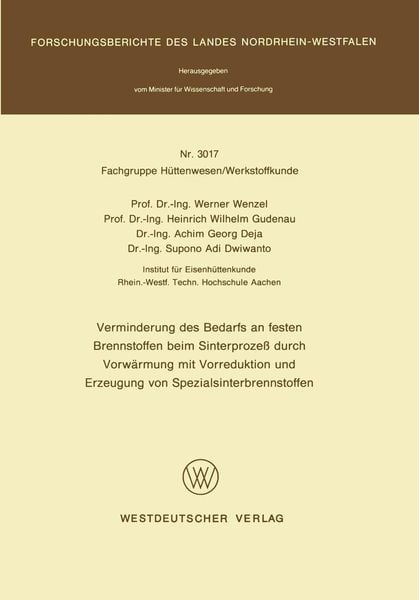 Produktbild: Verminderung des Bedarfs an festen Brennstoffen beim Sinterproze&szlig; durch Vorw&auml;rmung mit Vorreduktion und Erzeugung von Spezialsinterbrennstoffen