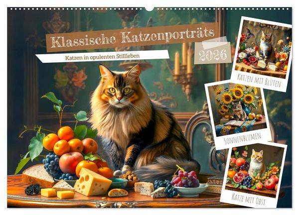 Produktbild: Klassische Katzenportr&auml;ts - Katzen in opulenten Stillleben (Wandkalender 2026 DIN A2 quer), CALVENDO Monatskalender