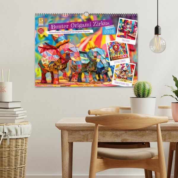 Produktbild: Bunter Origami Zirkus - Farbenfroher Zirkusspa&szlig; mit Origami-Figuren (Wandkalender 2026 DIN A3 quer), CALVENDO Monatskalender