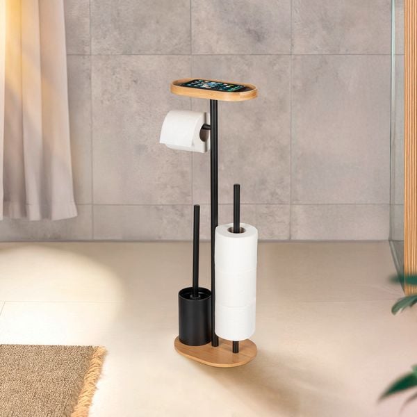 Produktbild: Stand WC-Garnitur Mod. Pomarolo, bambus, stahl, natur/schwarz, 25x70,5x17 cm, mit gro&szlig;er