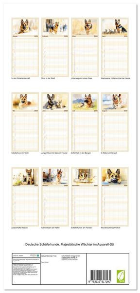 Produktbild: Familienplaner 2026 - Deutsche Sch&auml;ferhunde. Majest&auml;tische W&auml;chter im Aquarell-Stil mit 5 Spalten (Wandkalender, 21 x 45 cm) CALVENDO