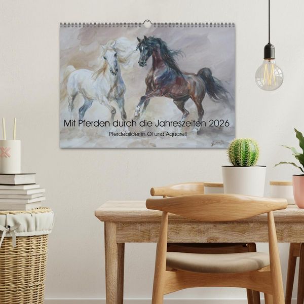 Produktbild: Mit Pferden durch die Jahreszeiten - Pferdebilder in &Ouml;l und Aquarell (Wandkalender 2026 DIN A3 quer), CALVENDO Monatskalender
