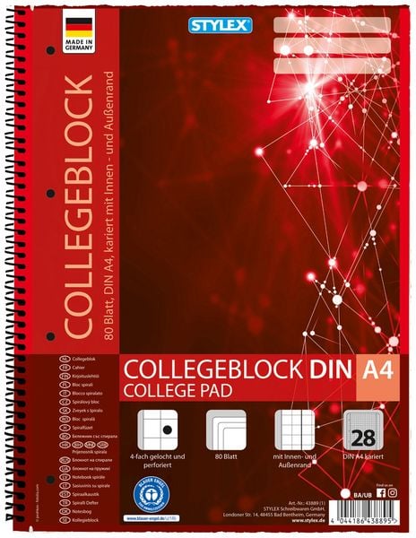 Produktbild: Stylex Collegeblock, Spirale, Lineatur 28, DIN A4, 80 Blatt, kariert