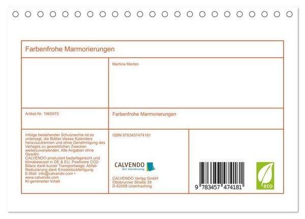 Produktbild: Farbenfrohe Marmorierungen (Tischkalender 2026 DIN A5 quer), CALVENDO Monatskalender