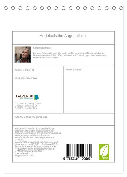 Produktbild: Andalusische Augenblicke (Tischkalender 2026 DIN A5 hoch), CALVENDO Monatskalender