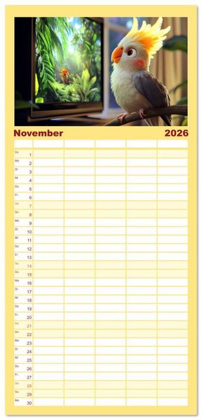 Produktbild: Familienplaner 2026 - Klein, laut, lustig - Nymphensittiche mit 5 Spalten (Wandkalender, 21 x 45 cm) CALVENDO