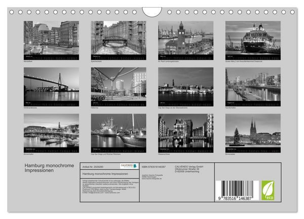 Produktbild: Hamburg monochrome Impressionen (Wandkalender 2026 DIN A4 quer), CALVENDO Monatskalender