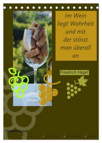 Produktbild: WEIN Weisheiten und Sprichworte (Tischkalender 2026 DIN A5 hoch), CALVENDO Monatskalender